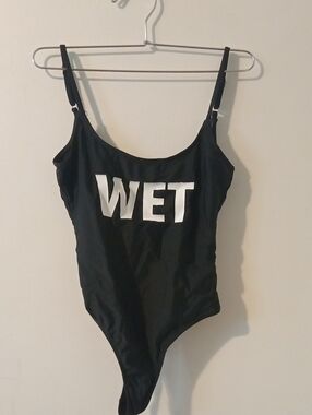 Missguided Black One-Piece Swimsuit with White 'WET' Graphic